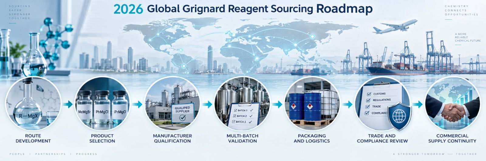 2026 global Grignard reagent sourcing roadmap: route development → product selection → manufacturer qualification → multi-batch validation → packaging / logistics → trade & compliance review → commercial supply continuity.