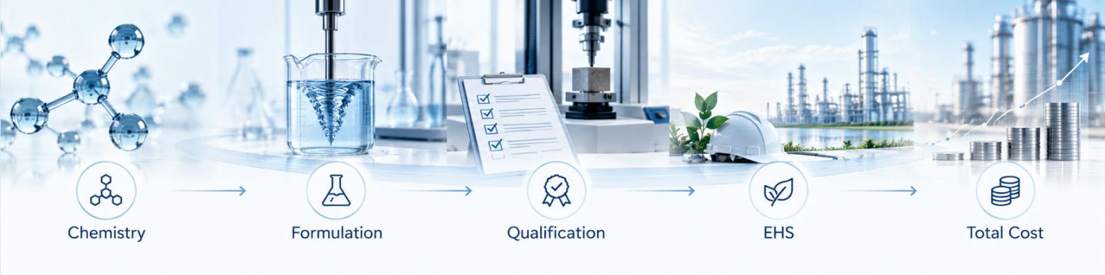 工业客户决策流程：Chemistry → Formulation → Qualification → EHS → Total Cost